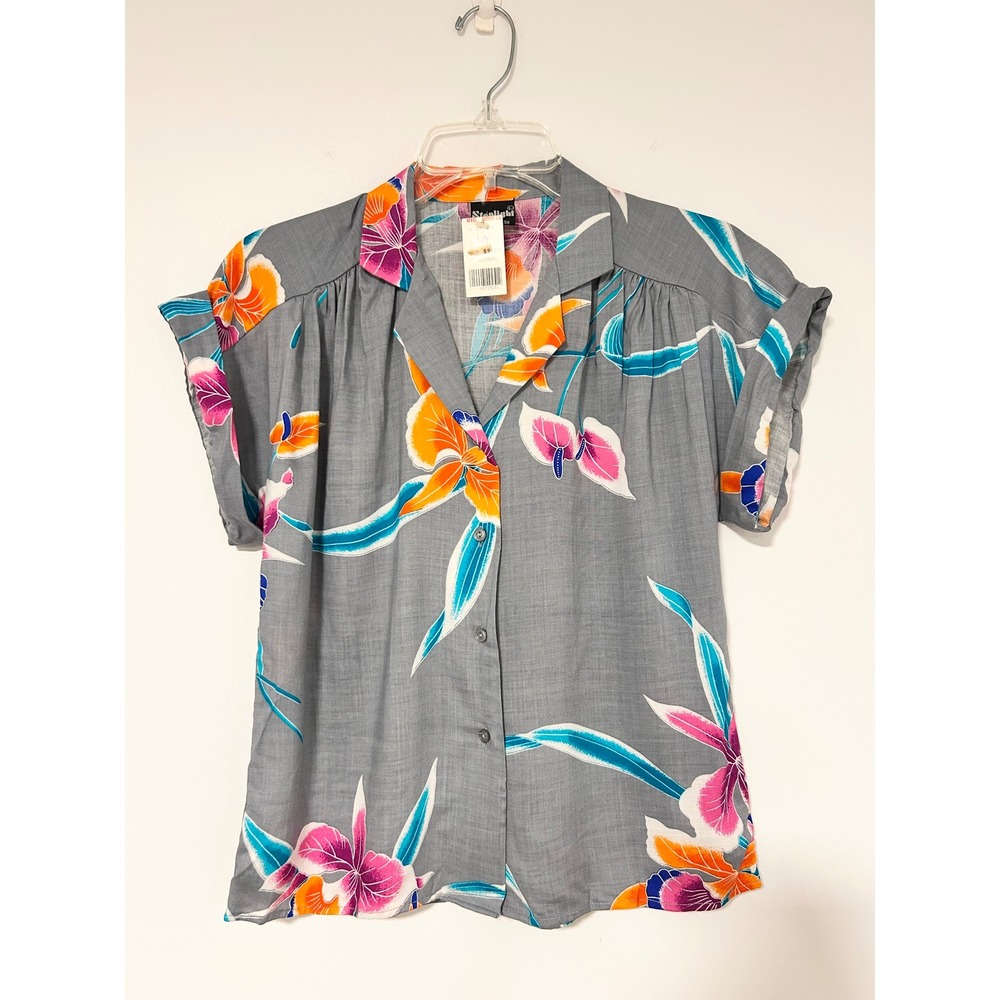 Vintage Stoplight of California Womens Grey Tropical Floral Hawaiian Shirt Large